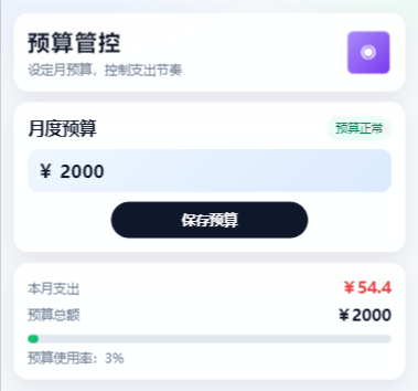 预算管控页面,展示月度预算、保存预算、本月支出、预算总额和使用率